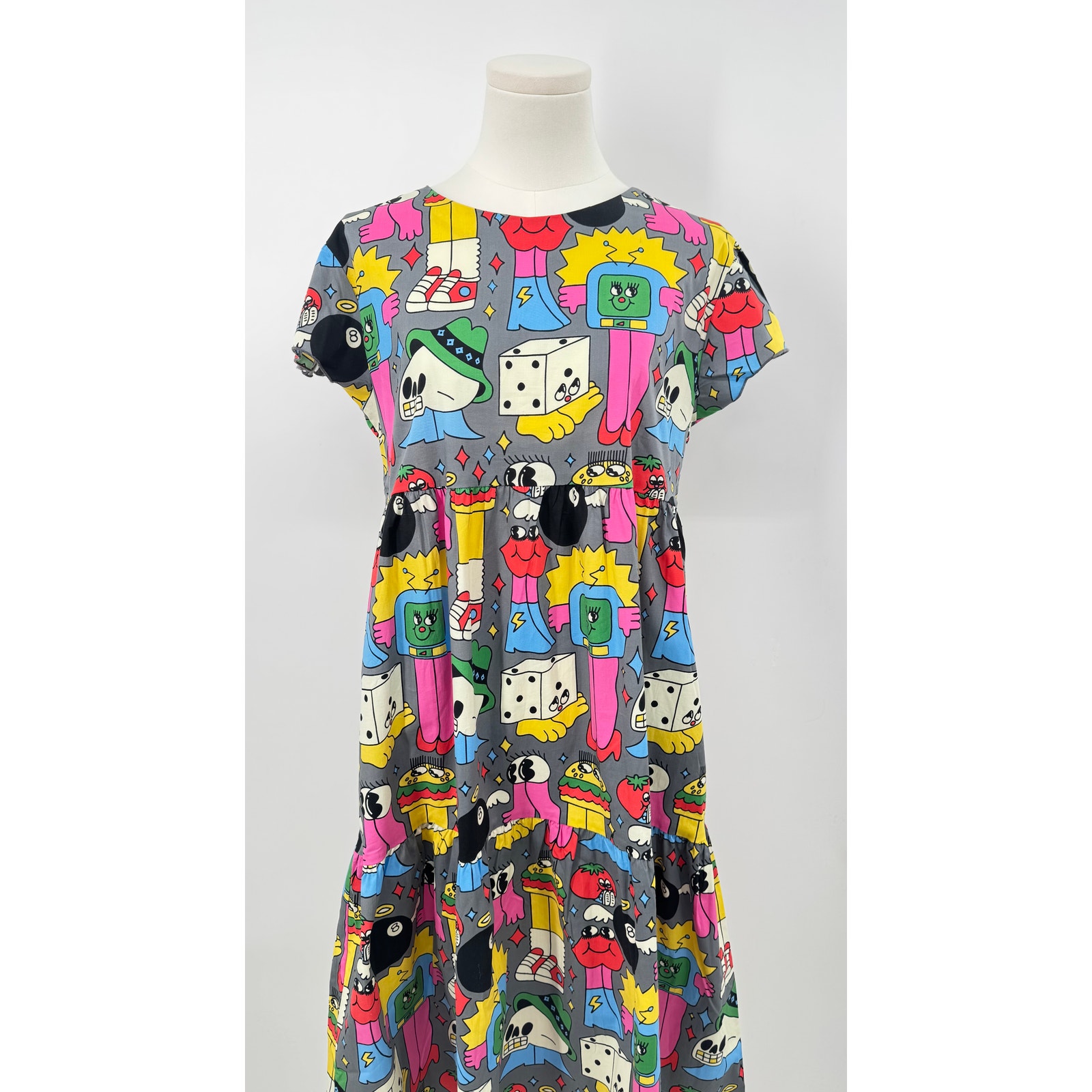 Nooworks Frida Burger Babie Gray Midi Dress Whimsical Fun Print - Rare S M
